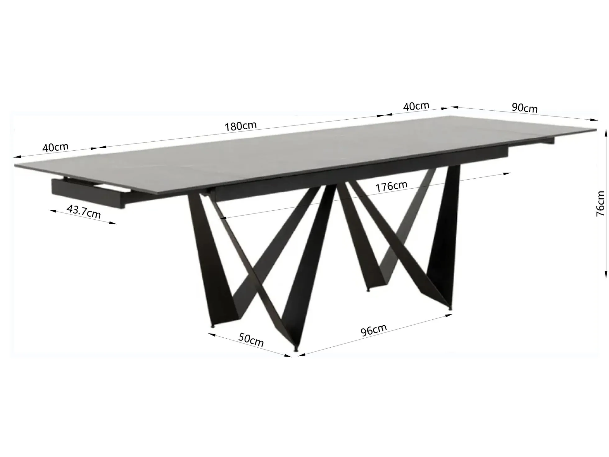 Stół rozkładany czarny blat ceramika nogi stalowe 180-260x90 cm