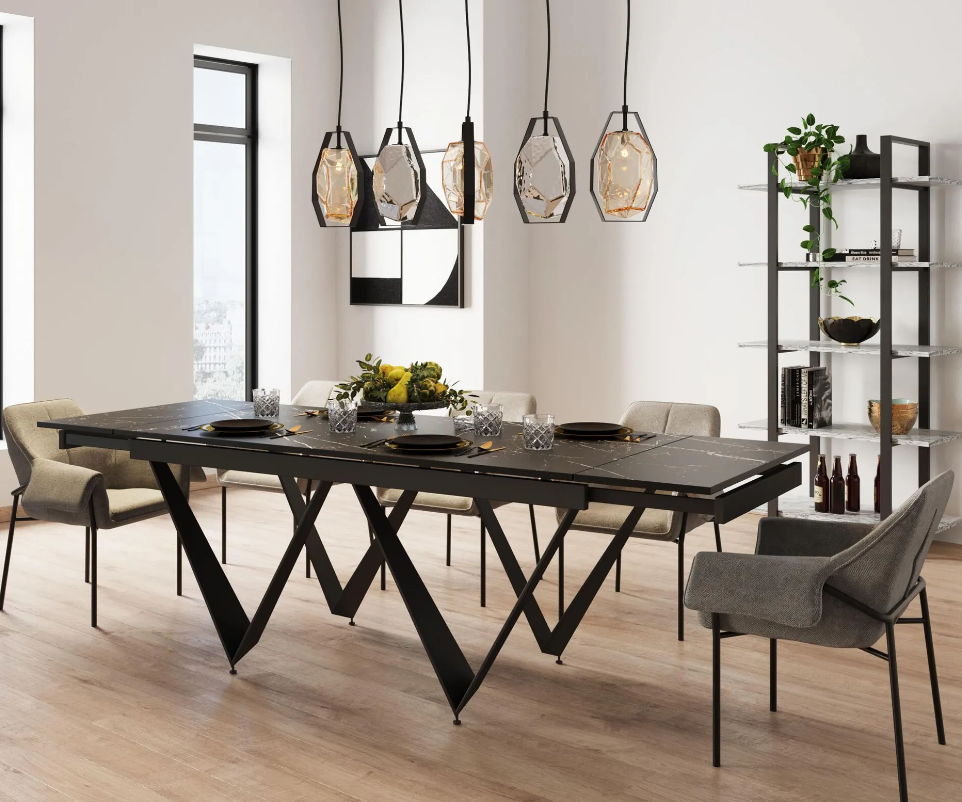 Stół rozkładany czarny blat ceramika nogi stalowe 180-260x90 cm