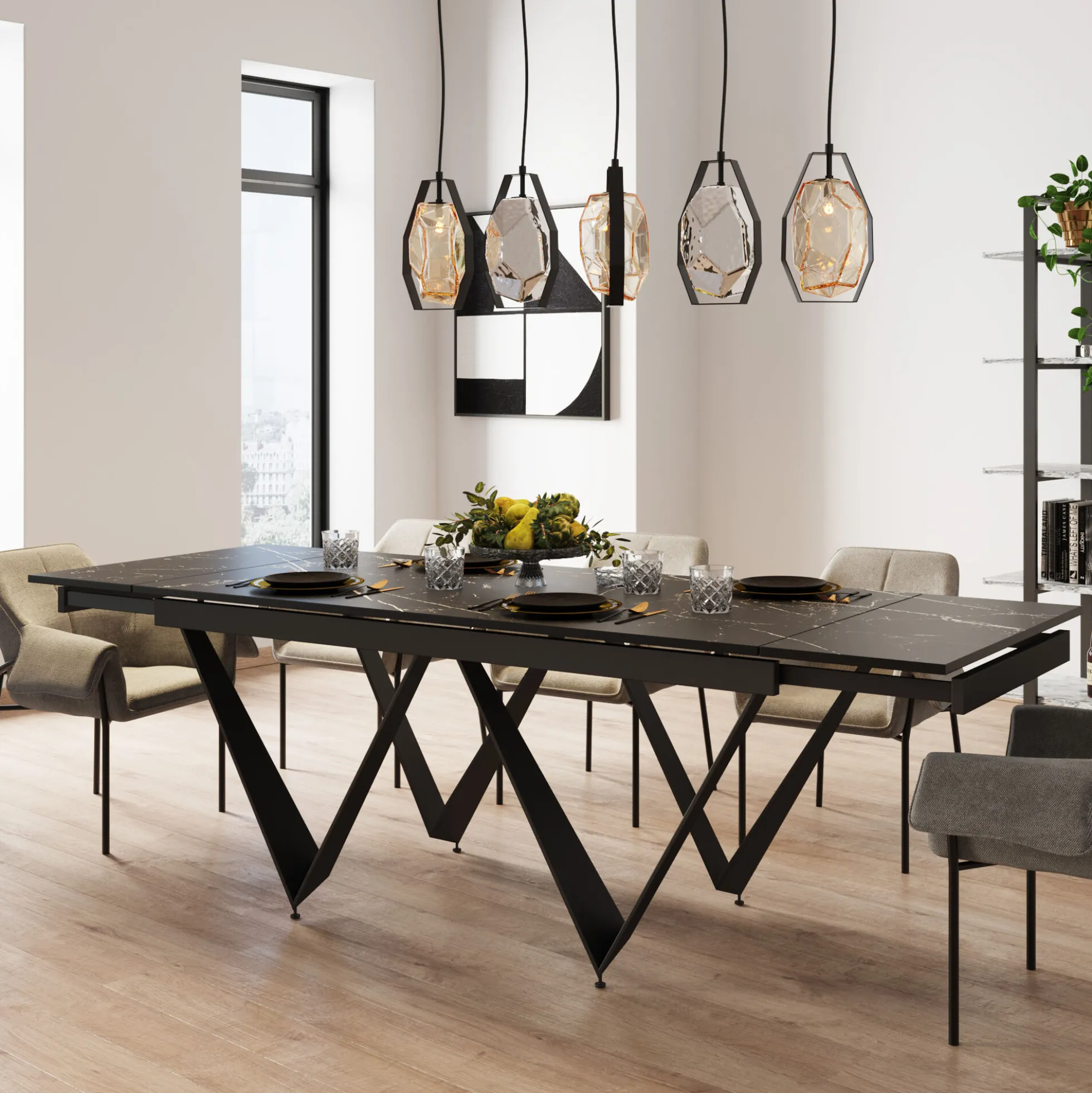 Stół rozkładany czarny blat ceramika nogi stalowe 180-260x90 cm