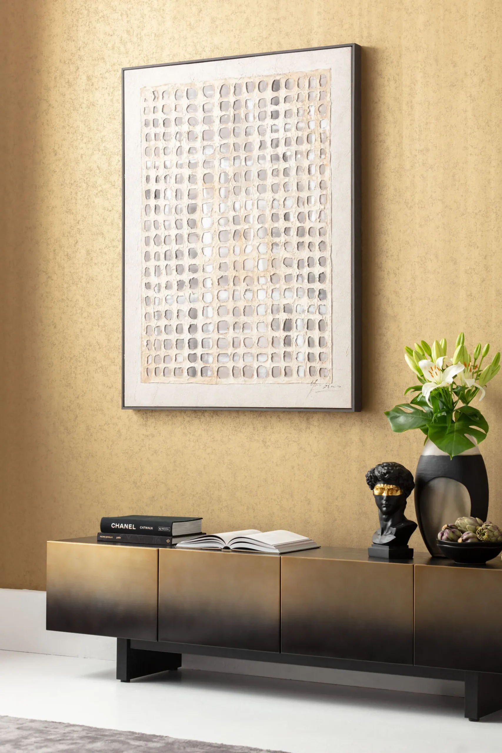 Szafka RTV 4-drzwiowa czarno-złota front stal nierdzewna 180x45 cm