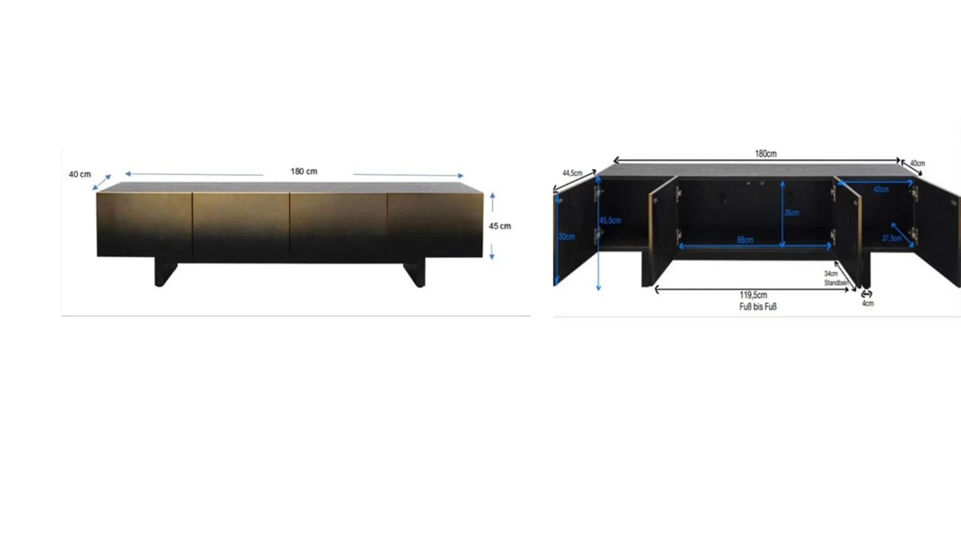 Szafka RTV 4-drzwiowa czarno-złota front stal nierdzewna 180x45 cm