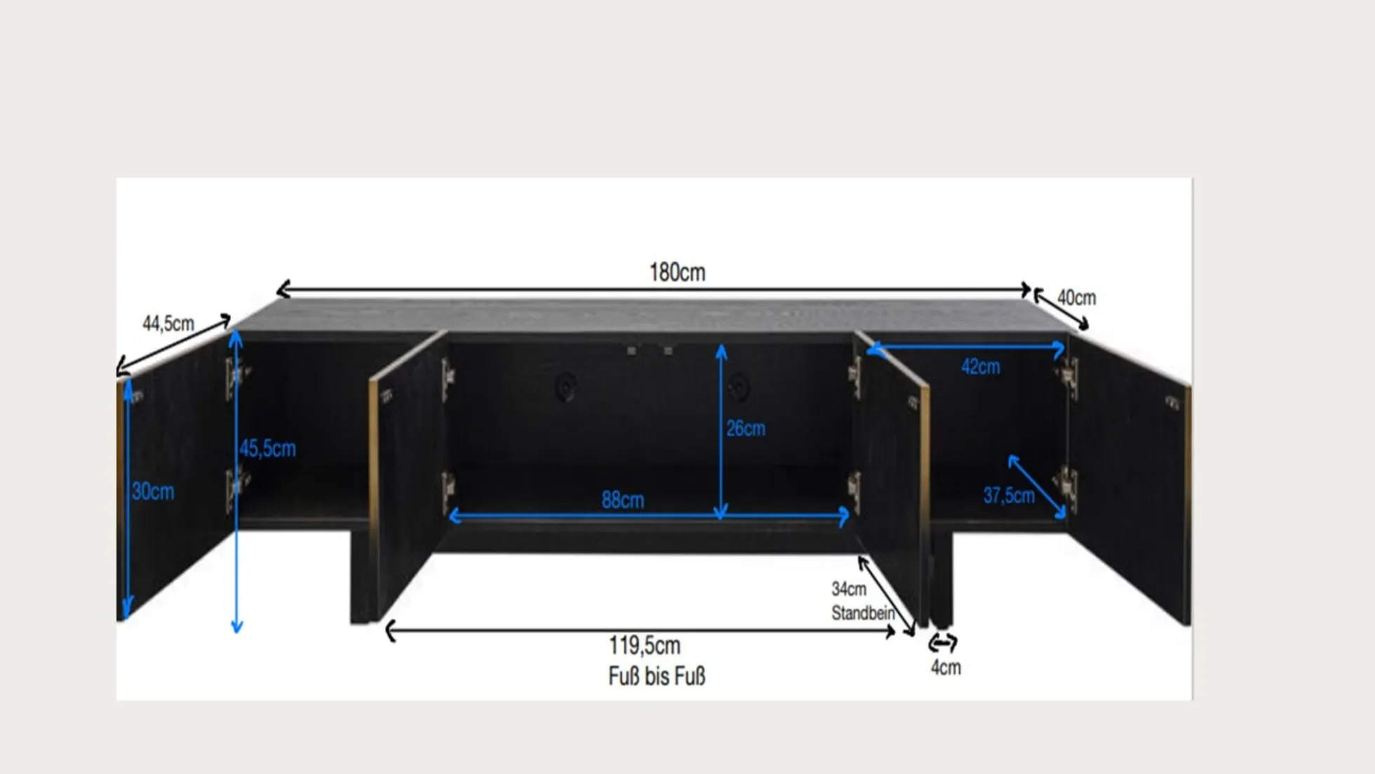 Szafka RTV 4-drzwiowa czarno-złota front stal nierdzewna 180x45 cm