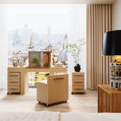 Toaletka rozkładana z siedziskiem i kontenerkami tapicerowana 138x51 cm
